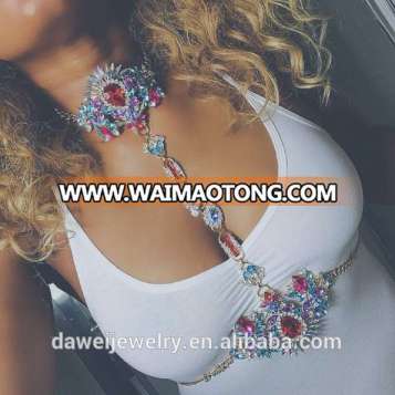 Antique plating chain colorful rhinestone embellished women body jewelry